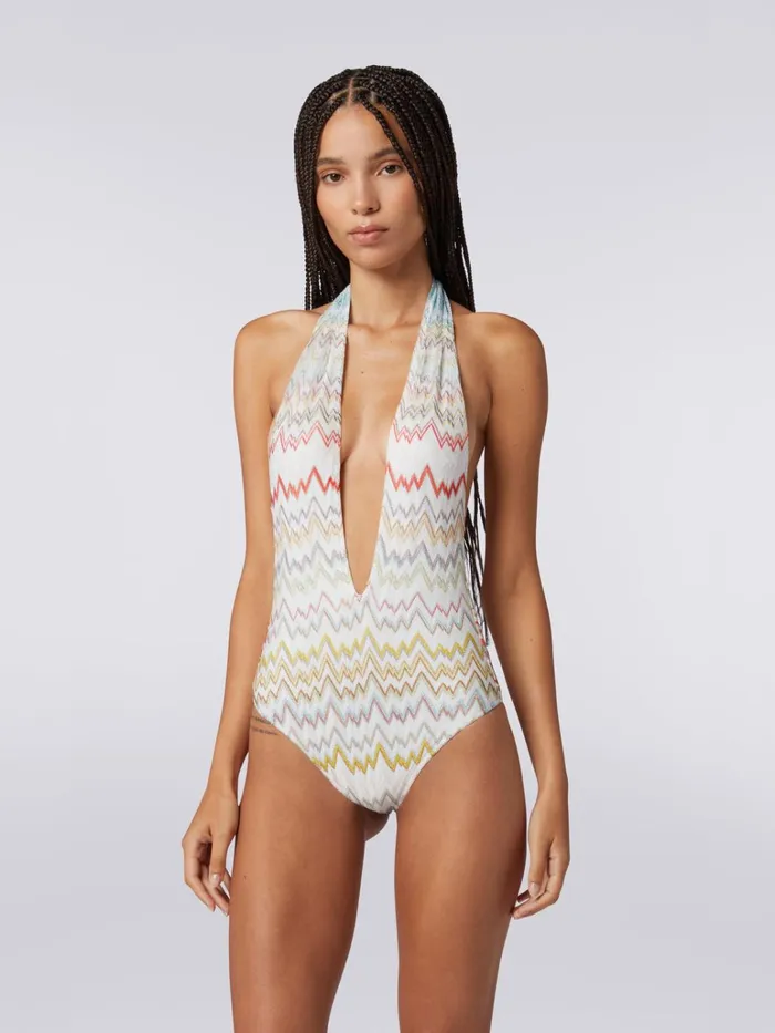 Women OnePiece Swimming Costume With V Neckline In Mountain Lace And Lam Multicoloured Missoni Swimsuits