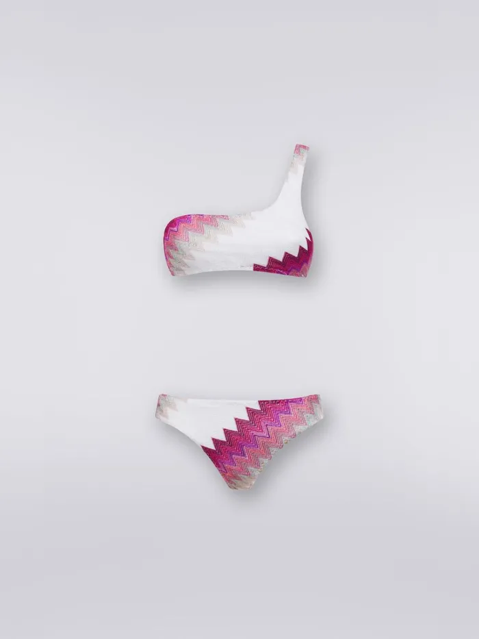 Women OneShoulder Bikini With Zigzag And Lam White Pink and Fuchsia Missoni Swimsuits