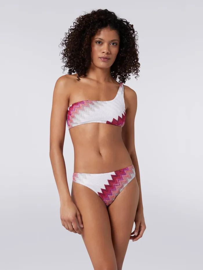 Women OneShoulder Bikini With Zigzag And Lam White Pink and Fuchsia Missoni Swimsuits