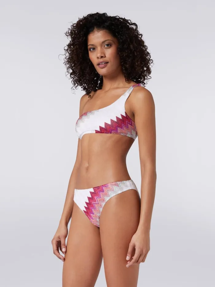 Women OneShoulder Bikini With Zigzag And Lam White Pink and Fuchsia Missoni Swimsuits