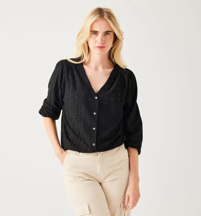 Women Openwork VNeck Cardie Top 8211 Black Promod Tops