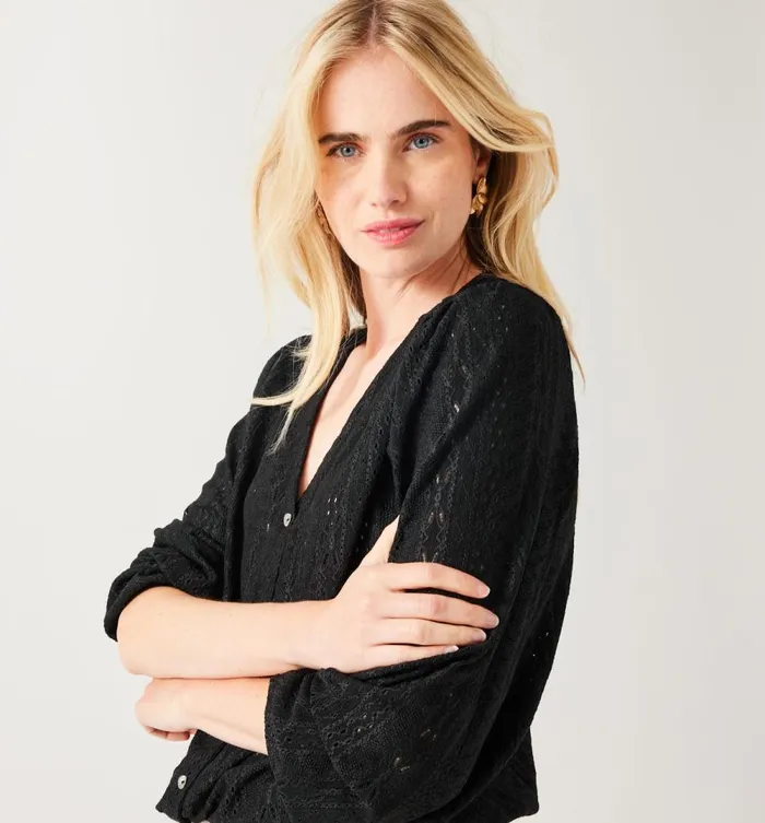 Women Openwork VNeck Cardie Top 8211 Black Promod Tops Women Openwork VNeck Cardie Top 8211 Black Promod Tops