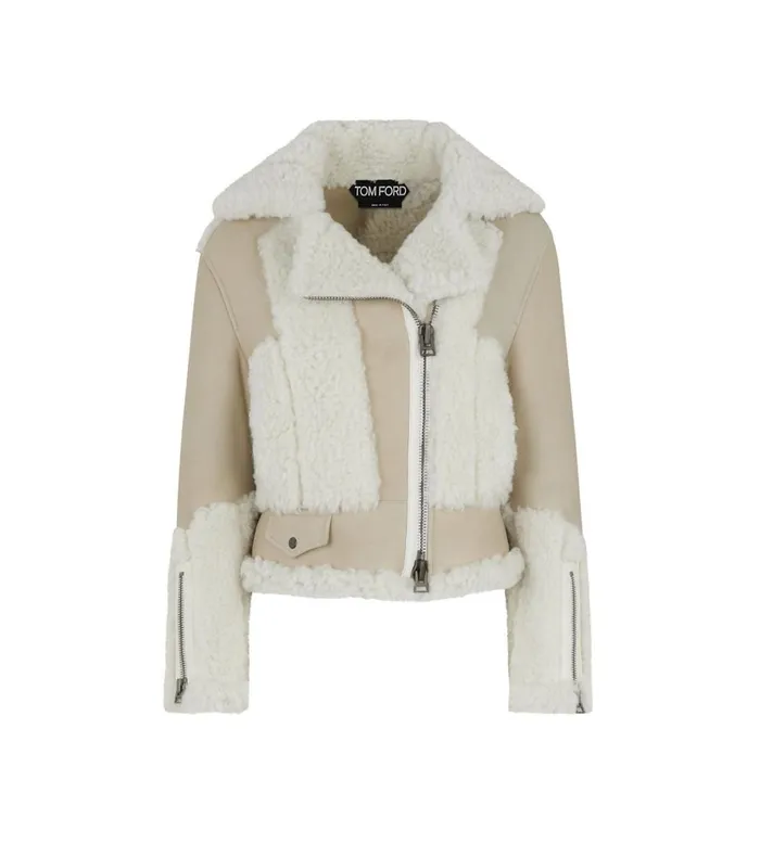 Women Outerwear Tom Ford Shearling and Leather Patchwork Biker Jacket Cream White