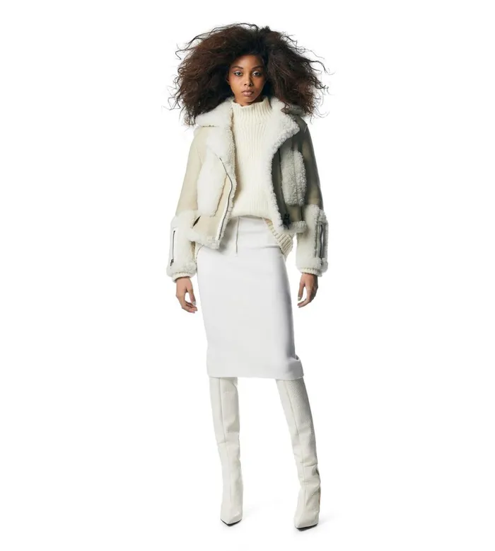 Women Outerwear Tom Ford Shearling and Leather Patchwork Biker Jacket Cream White Women Outerwear Tom Ford Shearling and Leather Patchwork Biker Jacket Cream White