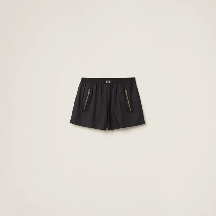 Women Pants And Shorts Miu Miu Technical Silk Shorts With Printed Logo Black