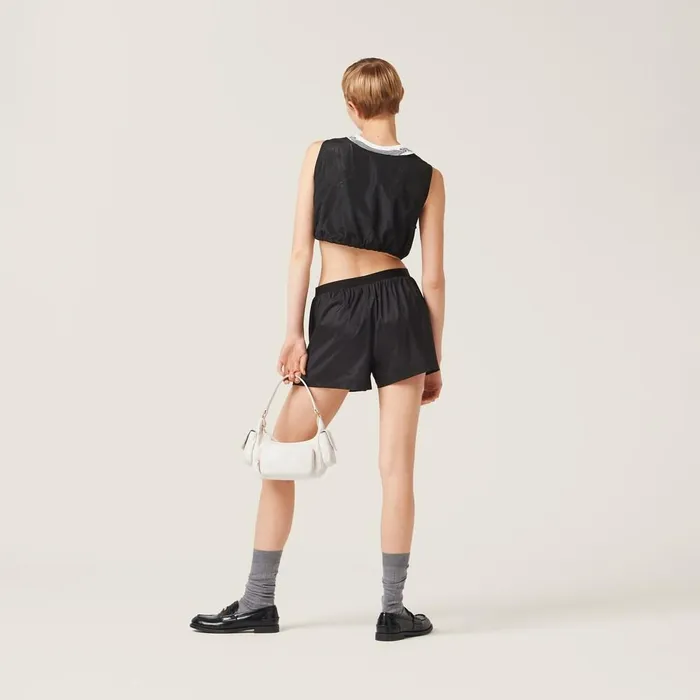 Women Pants And Shorts Miu Miu Technical Silk Shorts With Printed Logo Black Women Pants And Shorts Miu Miu Technical Silk Shorts With Printed Logo Black