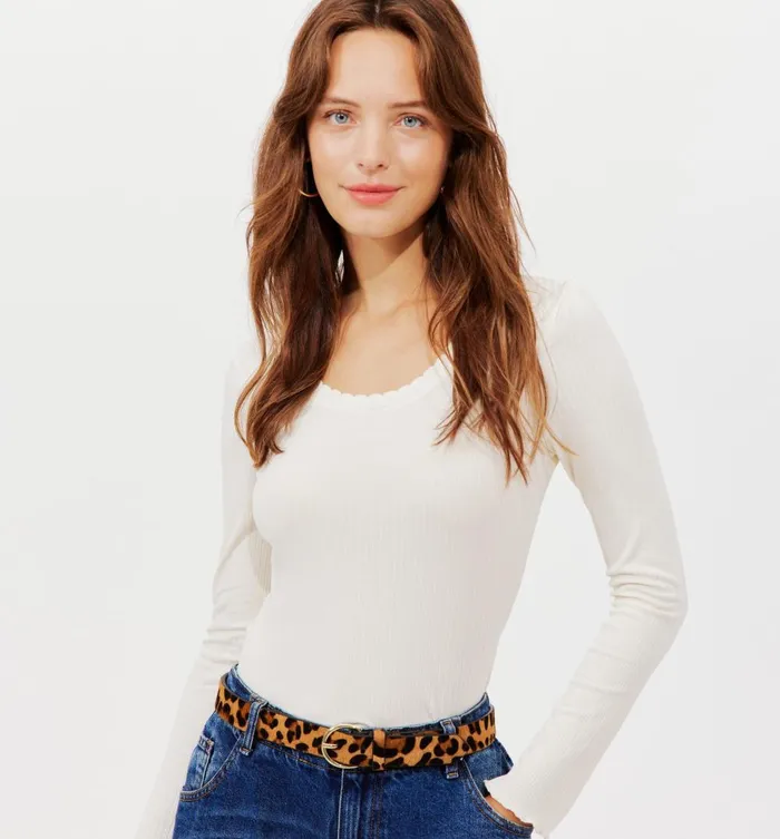 Women Plain Ribbed TShirt 8211 Ecru Promod Tops
