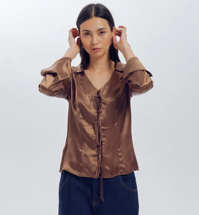 Women Plain Satin Blouse 8211 Soft Chestnut Promod Shirts And Tunics