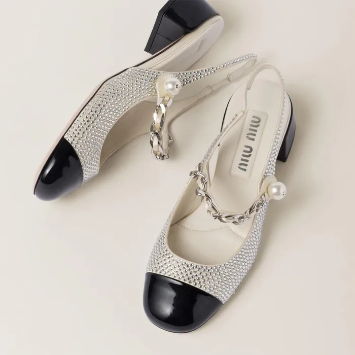 Women Pumps Miu Miu Satin And Crystal Slingback Pumps Ivoryblack Women Pumps Miu Miu Satin And Crystal Slingback Pumps Ivoryblack