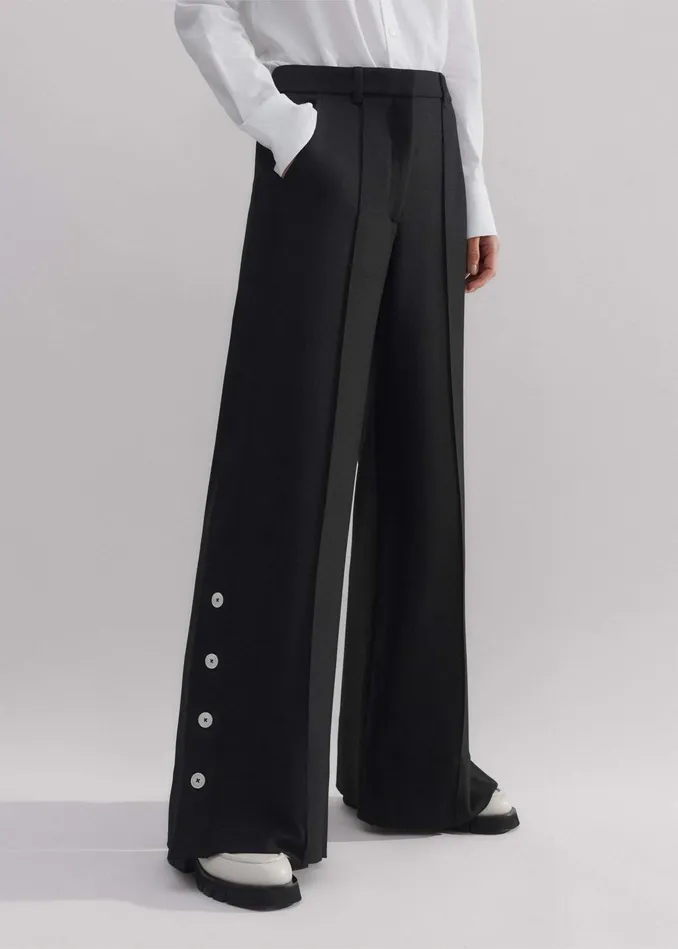 Women RegularLength Button Hem WideLeg Pant Black MEEM
