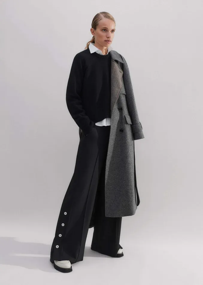 Women RegularLength Button Hem WideLeg Pant Black MEEM