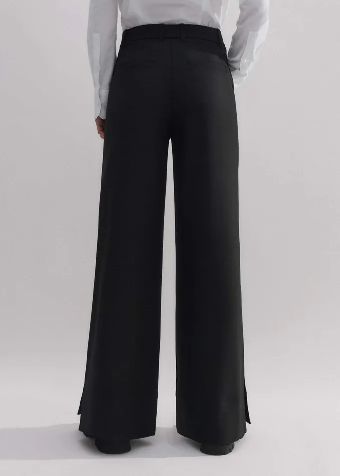 Women RegularLength Button Hem WideLeg Pant Black MEEM