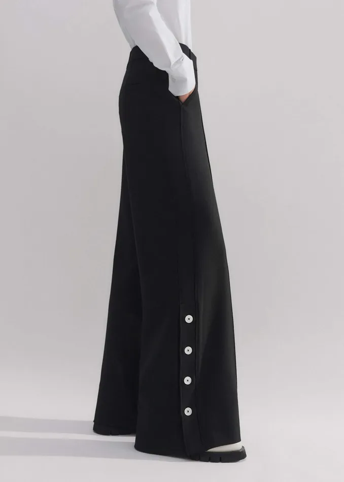 Women RegularLength Button Hem WideLeg Pant Black MEEM