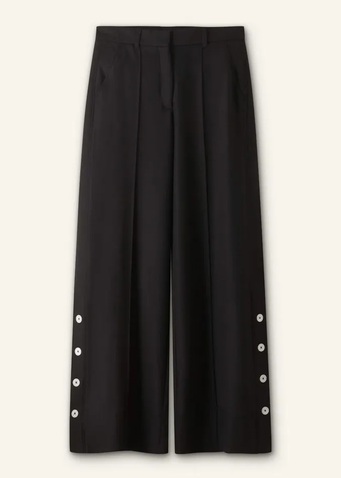 Women RegularLength Button Hem WideLeg Pant Black MEEM