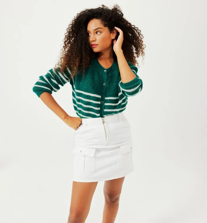 Women Ribbed Cardigan 8211 Dark Green Stripes Promod Jumpers And Cardigans