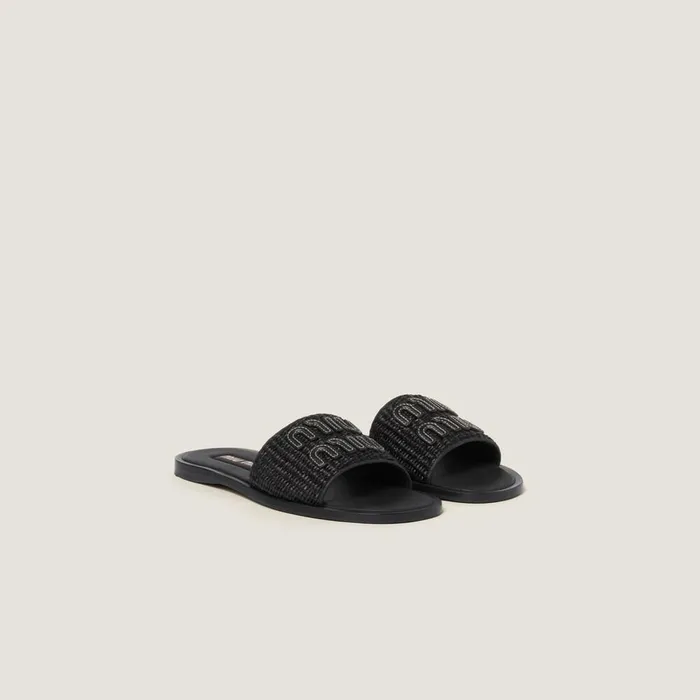 Women Sandals Miu Miu Raffiaeffect Woven Fabric Slides Black