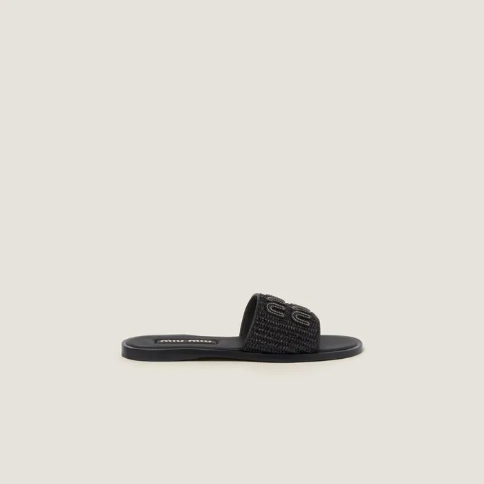 Women Sandals Miu Miu Raffiaeffect Woven Fabric Slides Black Women Sandals Miu Miu Raffiaeffect Woven Fabric Slides Black