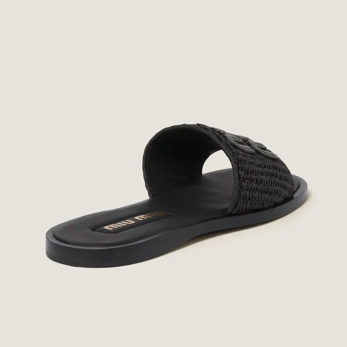 Women Sandals Miu Miu Raffiaeffect Woven Fabric Slides Black Women Sandals Miu Miu Raffiaeffect Woven Fabric Slides Black
