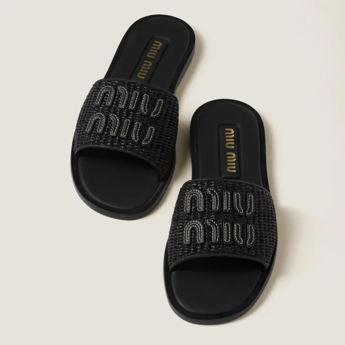 Women Sandals Miu Miu Raffiaeffect Woven Fabric Slides Black Women Sandals Miu Miu Raffiaeffect Woven Fabric Slides Black