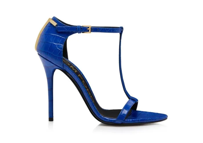 Women Sandals Tom Ford Shiny Stamped Crocodile Leather Iconic T Sandal Cobalt
