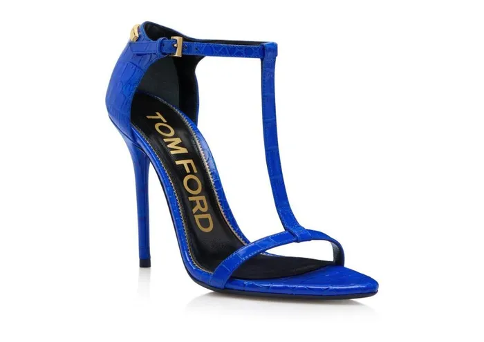 Women Sandals Tom Ford Shiny Stamped Crocodile Leather Iconic T Sandal Cobalt Women Sandals Tom Ford Shiny Stamped Crocodile Leather Iconic T Sandal Cobalt