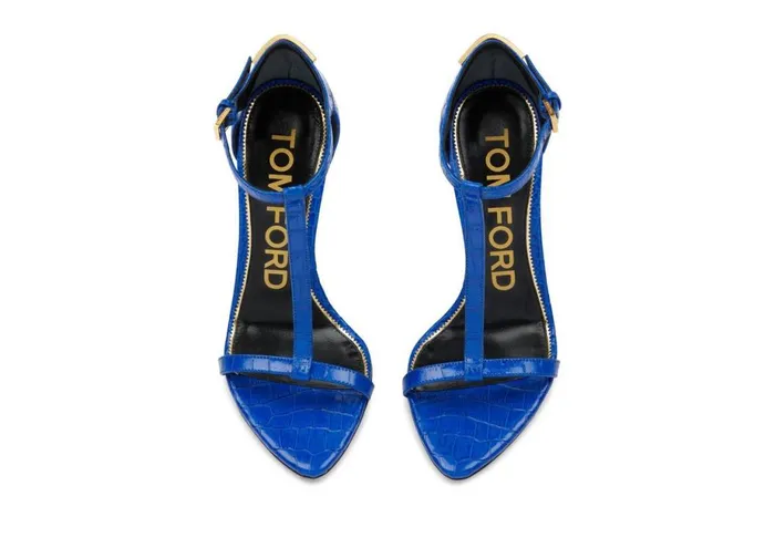 Women Sandals Tom Ford Shiny Stamped Crocodile Leather Iconic T Sandal Cobalt Women Sandals Tom Ford Shiny Stamped Crocodile Leather Iconic T Sandal Cobalt