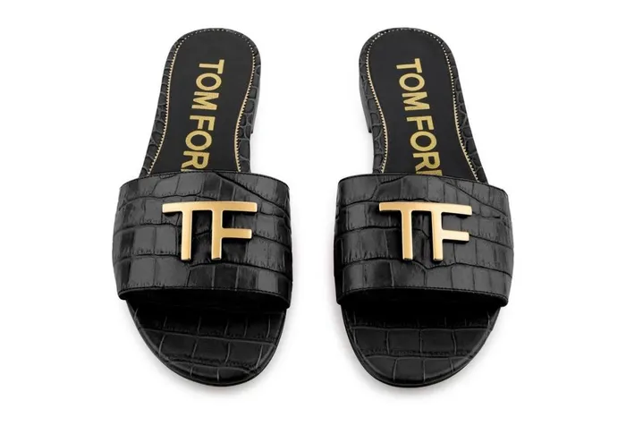 Women Sandals Tom Ford Shiny Stamped Crocodile Leather Tf Slide Black Women Sandals Tom Ford Shiny Stamped Crocodile Leather Tf Slide Black