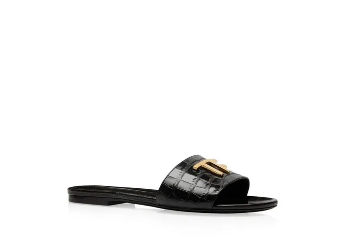 Women Sandals Tom Ford Shiny Stamped Crocodile Leather Tf Slide Black Women Sandals Tom Ford Shiny Stamped Crocodile Leather Tf Slide Black