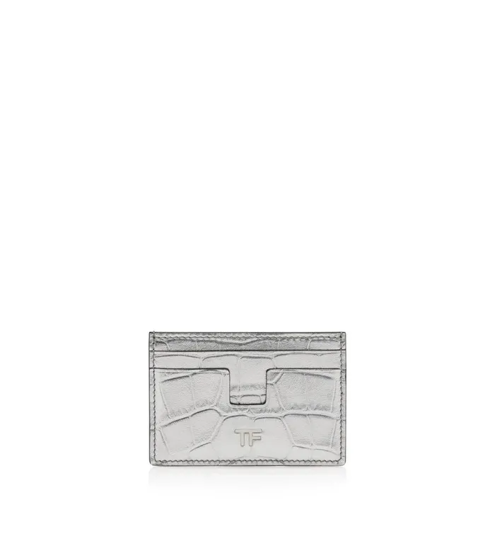 Women Small Leather Goods Tom Ford Metallic Stamped Leather Classic Tf Card Holder Silver