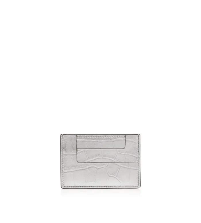 Women Small Leather Goods Tom Ford Metallic Stamped Leather Classic Tf Card Holder Silver