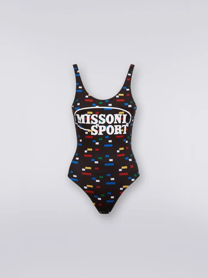 Women Sporty Pixel Print OnePiece Swimming Costume Black and Multicoloured Missoni Swimsuits Women Sporty Pixel Print OnePiece Swimming Costume Black and Multicoloured Missoni Swimsuits