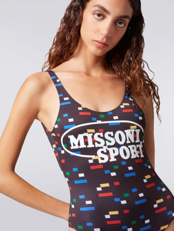 Women Sporty Pixel Print OnePiece Swimming Costume Black and Multicoloured Missoni Swimsuits