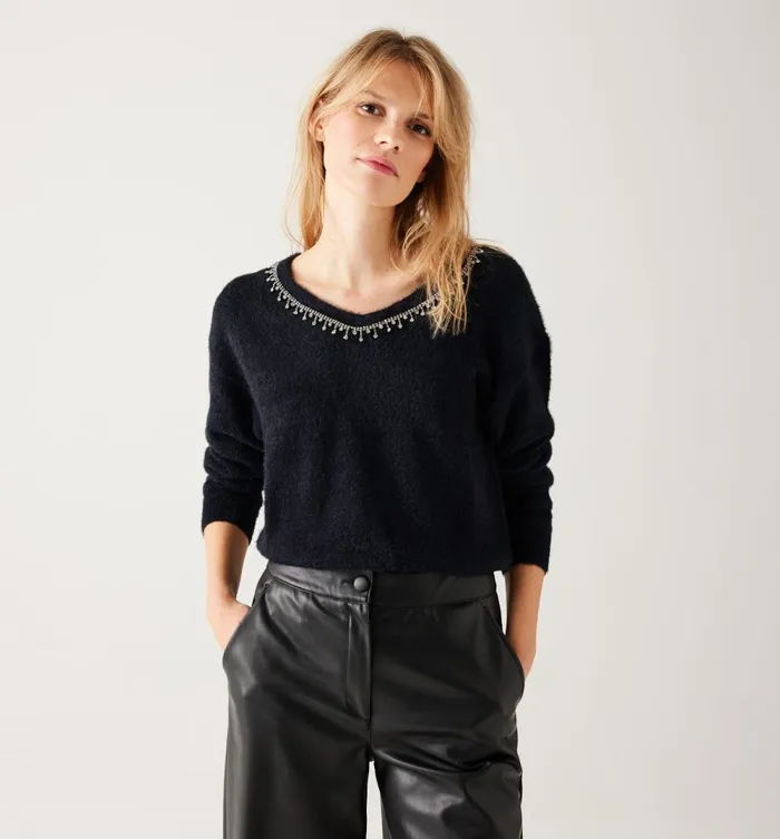 Women Strass Detail Jumper 8211 Black Promod Jumpers And Cardigans