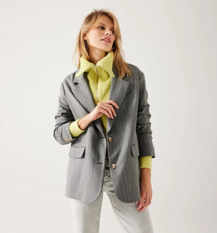 Women Striped Tailored Jacket 8211 Grey Stripes Promod Jackets