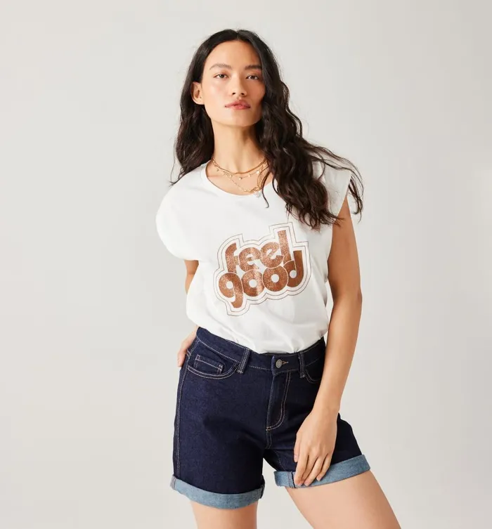 Women TShirt With Glitzy Message 8211 Ecru Print Promod Tops