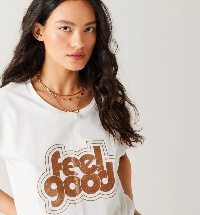 Women TShirt With Glitzy Message 8211 Ecru Print Promod Tops Women TShirt With Glitzy Message 8211 Ecru Print Promod Tops