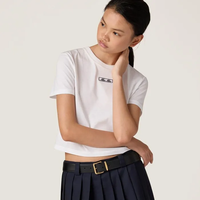 Women TShirts And Sweatshirts Miu Miu Embroidered Cotton Jersey Tshirt White Women TShirts And Sweatshirts Miu Miu Embroidered Cotton Jersey Tshirt White