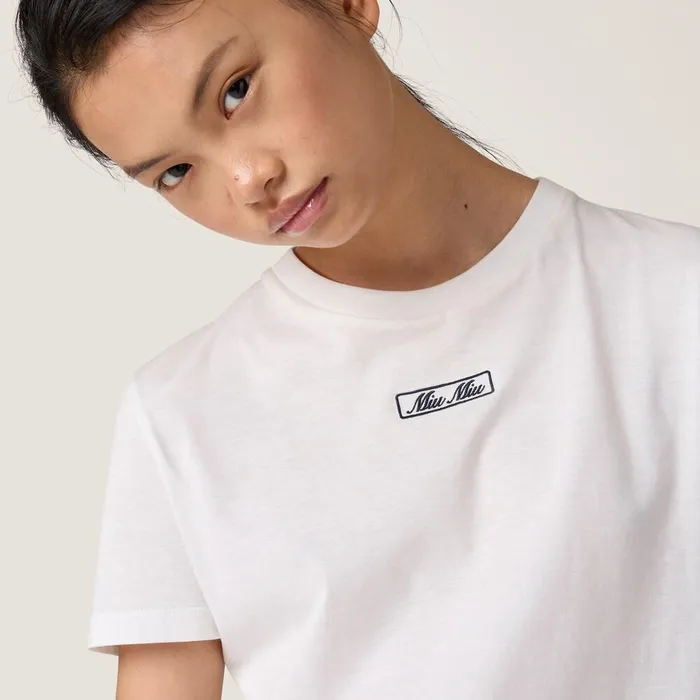 Women TShirts And Sweatshirts Miu Miu Embroidered Cotton Jersey Tshirt White Women TShirts And Sweatshirts Miu Miu Embroidered Cotton Jersey Tshirt White