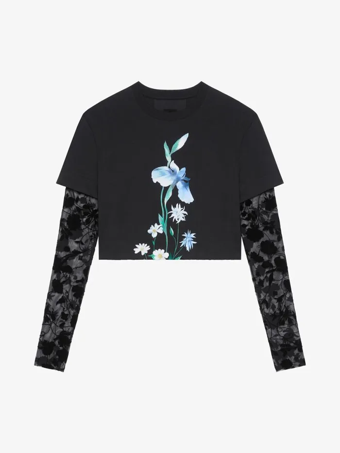 Women TShirts Givenchy Overlapped Cropped Tshirt In Cotton And Tulle Black