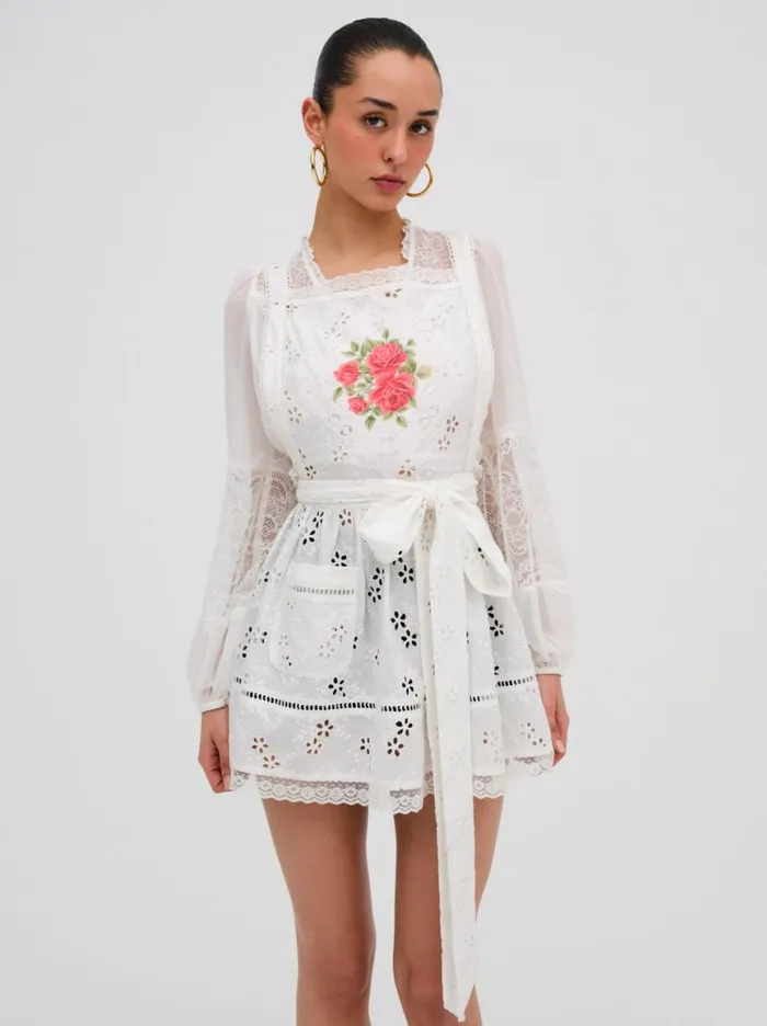 Women Tops For Love and Lemons Rose Embroidered Apron White