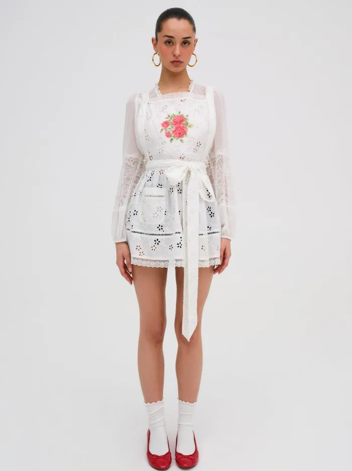 Women Tops For Love and Lemons Rose Embroidered Apron White Women Tops For Love and Lemons Rose Embroidered Apron White