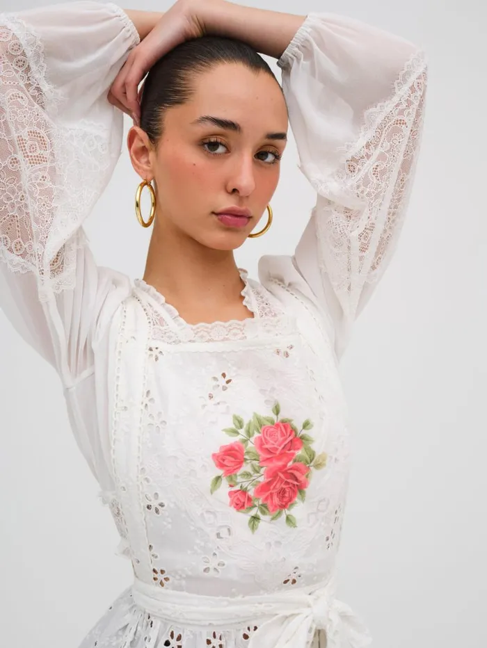Women Tops For Love and Lemons Rose Embroidered Apron White Women Tops For Love and Lemons Rose Embroidered Apron White