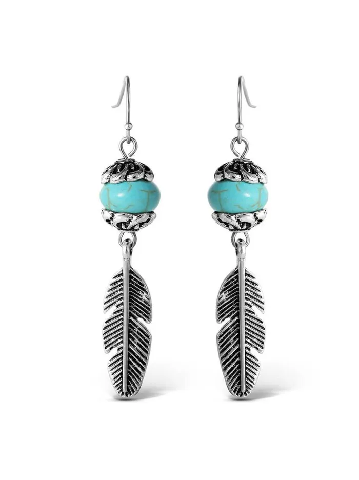 Women Turquoise Bead Feather Drop Earrings In Silver Jessica Simpson Turquoise Collection