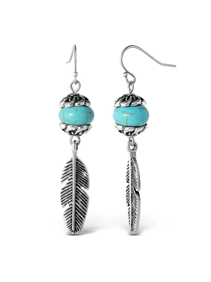 Women Turquoise Bead Feather Drop Earrings In Silver Jessica Simpson Turquoise Collection