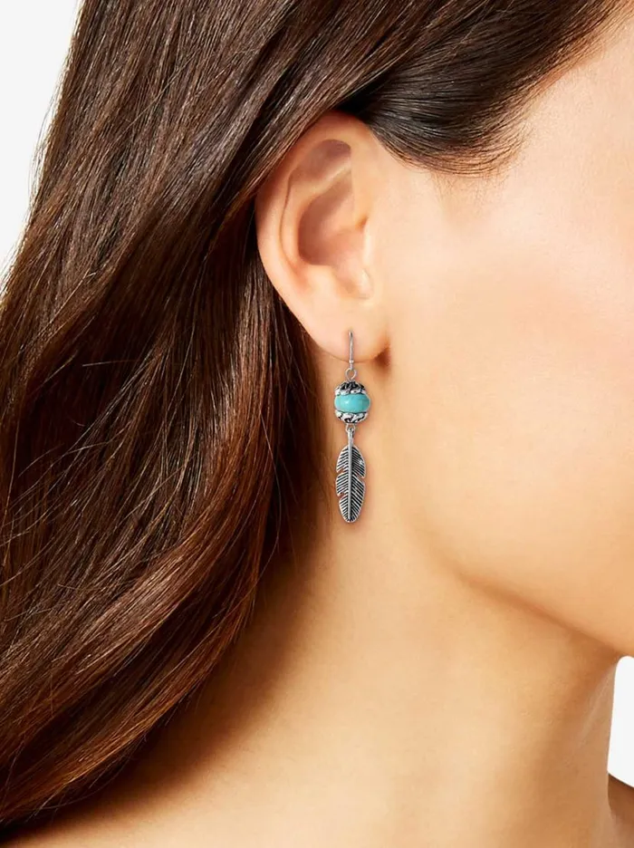 Women Turquoise Bead Feather Drop Earrings In Silver Jessica Simpson Turquoise Collection