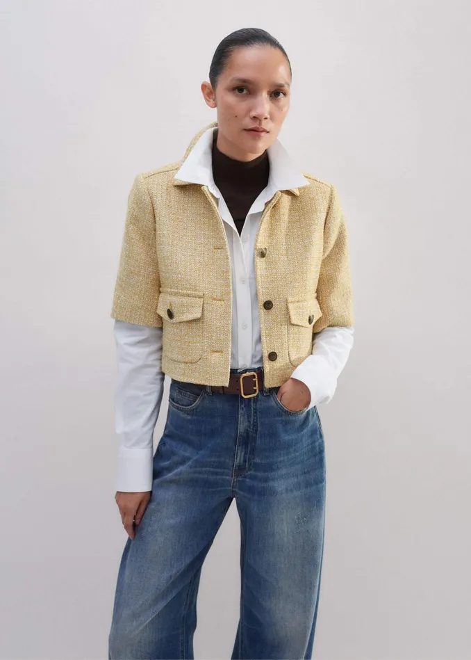 Women Tweed Short Sleeve Crop Jacket Ochre MEEM