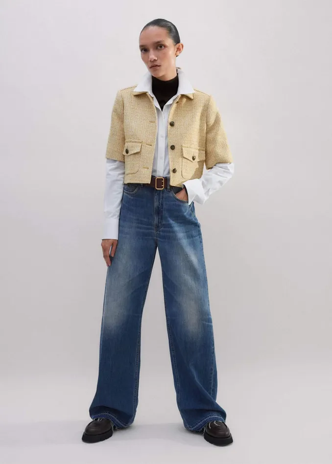 Women Tweed Short Sleeve Crop Jacket Ochre MEEM