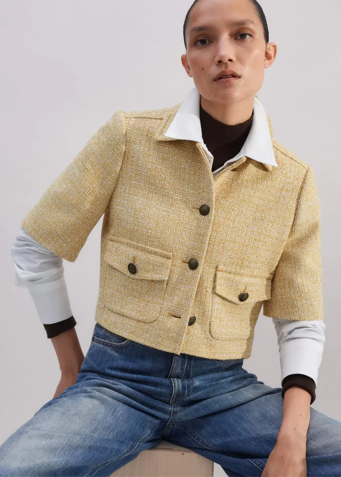 Women Tweed Short Sleeve Crop Jacket Ochre MEEM