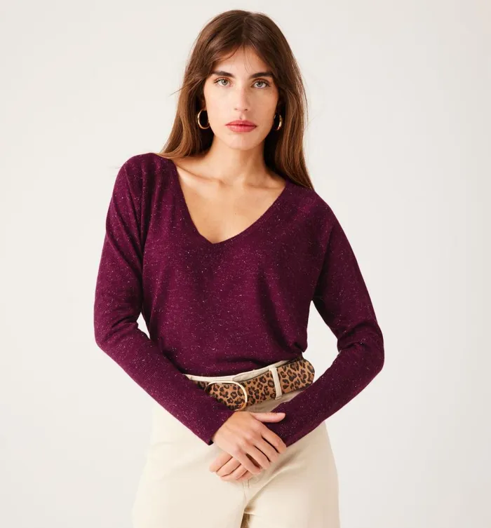 Women VNeck Glitzy Jumper 8211 Bordeaux Red Promod Jumpers And Cardigans