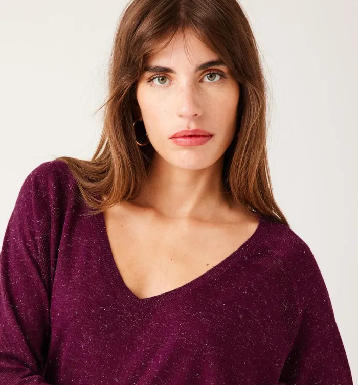 Women VNeck Glitzy Jumper 8211 Bordeaux Red Promod Jumpers And Cardigans Women VNeck Glitzy Jumper 8211 Bordeaux Red Promod Jumpers And Cardigans